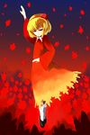  aki_shizuha blonde_hair dress hair_ornament hirosato leaf leaf_hair_ornament leaf_on_head orange_eyes red_dress short_hair solo touhou 