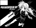  arm_belt bardiche belt energy_sword fate_testarossa fingerless_gloves gloves greyscale kichiroku loose_belt lyrical_nanoha magical_girl mahou_shoujo_lyrical_nanoha mahou_shoujo_lyrical_nanoha_a's monochrome solo sword translation_request twintails weapon 