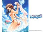  :d bikini bow brown_hair day dolphin hair_bow highres innertube leaning_forward looking_back mizusawa_ruri open_mouth polka_dot polka_dot_bow ruri-iro_rinne side-tie_bikini smile solo swimsuit wallpaper water yoshinari_atsushi 