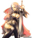  armor blonde_hair boots breasts cape cleavage copyright_request fantasy hips kikurage_(plastic_people) large_breasts looking_at_viewer solo sword thigh_boots thighhighs weapon 