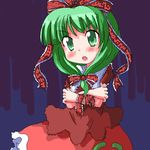  arm_ribbon blush bow crossed_arms dress frills front_ponytail geetsu green_eyes green_hair hair_bow hair_ornament hair_ribbon kagiyama_hina long_hair looking_at_viewer non-web_source open_mouth red_dress ribbon solo touhou 