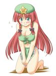  barefoot beret blush braid breasts cleavage embarrassed hat hong_meiling kneeling long_hair lowres medium_breasts midriff navel red_hair skirt skirt_tug sleeveless solo star toshihiro touhou twin_braids vest 