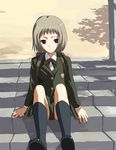  backpack bag black_legwear blazer brown_eyes grey_hair jacket kneehighs natori_(natorism) original randoseru school_uniform short_hair sitting sitting_on_stairs skirt solo stairs 