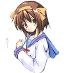  blue_sailor_collar brown_hair kita_high_school_uniform long_sleeves ryokushiki_(midori-ya) sailor_collar school_uniform serafuku short_hair solo suzumiya_haruhi suzumiya_haruhi_no_yuuutsu upper_body 