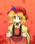  aki_minoriko apron bangs blonde_hair choker eyes_visible_through_hair food fruit grapes hat leaf leaf_background long_sleeves makino_(ukiuo) maple_leaf orange_background red_apron red_eyes ribbon_choker short_hair skirt_basket smile solo sweet_potato touhou wide_sleeves 