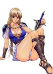  armor armored_dress ass blonde_hair braid breasts cameltoe large_breasts legs long_hair long_legs momoi_nanabei panties pantyshot pauldrons single_braid solo sophitia_alexandra soulcalibur sword thighs underwear upskirt weapon white_background white_panties 