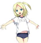  :d blonde_hair blue_eyes buruma doujin_work flat_chest gym_uniform kitano_sora lowres midriff navel open_mouth outstretched_arms ponytail short_hair side_ponytail simple_background sketch smile solo spread_arms standing takenashi_eri 