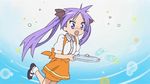  animated animated_gif anna_miller cup falling hiiragi_kagami lowres lucky_star orange_skirt purple_hair screencap skirt solo sweatdrop tray waitress 
