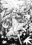  aki_shizuha autumn blush greyscale hair_ornament katzeh leaf leaf_hair_ornament leaf_on_head monochrome see-through short_hair sketch solo touhou tree 