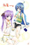  bare_shoulders camisole casual dress food full_body hiiragi_kagami izumi_konata looking_at_viewer lucky_star multiple_girls okayu_gochou popsicle purple_hair shorts sitting sleeveless sundress white_background white_dress 