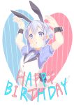  1girl animal_ears arms_up blue_eyes blue_hair braid bunny_ears bunny_pose chestnut_mouth collared_shirt cropped_torso eyebrows_visible_through_hair gochuumon_wa_usagi_desu_ka? hair_between_eyes hair_bun hair_ornament happy_birthday hetareeji highres kafuu_chino looking_at_viewer necktie open_mouth outline puffy_short_sleeves puffy_sleeves shirt short_sleeves solo striped striped_shirt vertical-striped_shirt vertical_stripes white_outline wrist_cuffs x_hair_ornament 