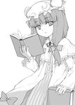  book crescent greyscale hat ikura_hato long_hair lowres monochrome patchouli_knowledge solo touhou 