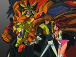  1girl antenna_hair blue_bodysuit blue_eyes bodysuit breasts brown_hair choker cleavage clenched_hand dress fingerless_gloves genesic_gaogaigar gloves hug kimura_takahiro long_hair mecha medium_breasts official_art red_eyes red_hair shishiou_gai sleeves_rolled_up utsugi_mikoto very_long_hair vest wallpaper yuusha_ou_gaogaigar yuusha_series 