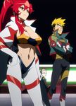  2boys breasts cape cleavage eyebrows gainax gloves gorget hair_ornament hair_stick hand_on_hip highres huge_breasts kittan midriff multiple_boys navel ponytail red_hair screencap solo_focus space_yoko stitched strapless tengen_toppa_gurren_lagann thick_eyebrows third-party_edit tubetop white_gloves yoko_littner 