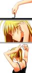  adjusting_hair alternate_hairstyle arms_up artoria_pendragon_(all) bare_shoulders closed_eyes comic face fate/stay_night fate_(series) from_behind from_side fukurou hairdressing hands ponytail profile saber simple_background sleeveless tank_top tying_hair upper_body white_background 