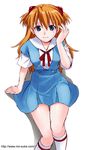  blue_eyes hairpods hand_to_head kneehighs light_smile long_hair looking_at_viewer mattaku_mousuke neon_genesis_evangelion orange_hair school_uniform short_sleeves simple_background skirt solo souryuu_asuka_langley two_side_up watermark web_address white_background 