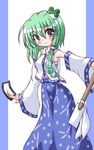  asymmetrical_hair bare_shoulders blue_skirt detached_sleeves frog_hair_ornament gohei green_eyes green_hair hair_ornament holding inasaki_shirau kochiya_sanae long_sleeves looking_at_viewer pillarboxed skirt snake_hair_ornament solo standing touhou vest 