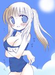 blonde_hair blue_eyes blush breast_hold breasts cleavage crossed_arms embarrassed fidgeting large_breasts long_hair looking_at_viewer name_tag one-piece_swimsuit original school_swimsuit shudou_rima solo swimsuit 