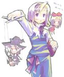  alice_margatroid blonde_hair blush blush_stickers book bow braid broom hair_bow hat kirisame_marisa long_sleeves looking_at_viewer open_mouth puppet_strings purple_eyes red_eyes short_hair simple_background single_braid solo touhou white_background witch_hat xexu 