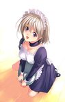 :d apron blue_dress blue_eyes breasts cleavage dress frills full_body juliet_sleeves kneeling long_sleeves looking_at_viewer looking_up maid maid_headdress maimu medium_breasts open_mouth original puffy_sleeves short_hair silver_hair smile solo 