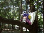  blush gradient_hair guchuko multicolored_hair photo pillow potemayo purple_eyes purple_hair scythe skull solo tree 