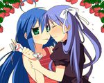  ahoge food hiiragi_kagami izumi_konata jimeko lowres lucky_star multiple_girls pocky pocky_kiss shared_food yuri 