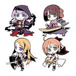  bangs blue_eyes blunt_bangs brown_hair bushidou_(sekaiju) chibi cloak curse_maker dress full_body green_eyes head_tilt holding holding_sword holding_weapon hood hooded_cloak juliet_sleeves long_sleeves looking_at_viewer lowres medic_(sekaiju) multiple_girls orange_hair paladin_(sekaiju) pink_hair puffy_sleeves purple_dress sekaiju_no_meikyuu short_hair standing sword takahata_yuki transparent_background weapon 