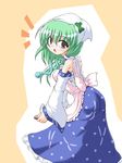  1girl :o apron ass black_eyes blush breasts detached_sleeves frog_hair_ornament green_hair hair_ornament head_scarf inasaki_shirau kochiya_sanae looking_at_viewer looking_back medium_breasts open_mouth orange_background sarashi snake_hair_ornament solo touhou white_background 