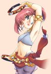  ;d arm_up armlet armpits artist_request bard_(sekaiju) belt blush bracer choker earrings green_eyes heart heart_in_mouth instrument jewelry midriff one_eye_closed open_mouth pink_hair see-through sekaiju_no_meikyuu smile solo tambourine twintails 