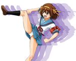  akiyama_kenta armband blue_skirt brown_hair high_kick kicking kita_high_school_uniform panties pantyshot school_uniform serafuku short_hair skirt solo suzumiya_haruhi suzumiya_haruhi_no_yuuutsu underwear white_panties 