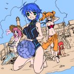  3girls adapted_costume ball barefoot beach beachball bikini blue_hair blush breasts brown_hair caro_ru_lushe cleavage dragon drink erio_mondial feet friedrich gadget_drone impossible_clothes large_breasts leg_hug lowres lyrical_nanoha m_ganzy mahou_shoujo_lyrical_nanoha_strikers medium_breasts midriff multiple_girls one_eye_closed orange_hair orange_sarong pink_hair sarong stereo subaru_nakajima swimsuit teana_lanster twintails water work_in_progress 