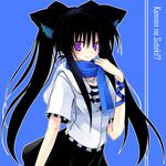  animal_ears arm_at_side belt black_skirt blue_background blush buckle cat_ears copyright_request cowboy_shot gem jewelry kannon_ouji looking_at_viewer necklace pendant scarf shirt short_sleeves sidelocks simple_background skirt smile solo twintails white_shirt wristband 