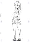  arms_behind_back artist_name breasts drill_hair f4u_(naitou2) full_body greyscale huge_breasts light_smile long_hair looking_at_viewer monochrome original shorts simple_background sketch solo standing twin_drills white_background 