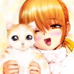  blush brown_eyes cat dead_or_alive ebina_souichi kasumi_(doa) one_eye_closed open_mouth orange_hair smile solo sweater uvula 