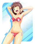  amami_haruka armpits arms_up bangs bikini blue_background blush breasts brown_hair cowboy_shot floral_print green_eyes halftone halftone_background idolmaster idolmaster_(classic) idolmaster_1 looking_at_viewer medium_breasts nishi_(count2.4) one_eye_closed open_mouth print_bikini red_bikini short_hair side-tie_bikini solo swimsuit white_background 