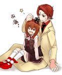  1girl blue_eyes brown_eyes brown_hair child cousins crown dress fangs formal kneehighs necktie open_mouth short_hair sitting sitting_on_lap sitting_on_person socks sora_(efr) star suit translated umineko_no_naku_koro_ni ushiromiya_battler ushiromiya_maria wince 