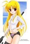  bardiche blonde_hair blush fate_testarossa flipper long_hair lyrical_nanoha mahou_shoujo_lyrical_nanoha_strikers open_clothes open_shirt panties red_eyes shirt solo thighhighs underwear very_long_hair 