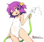  copyright_request hose oekaki one-piece_swimsuit one_eye_closed onija_tarou purple_eyes purple_hair short_hair solo swimsuit water 