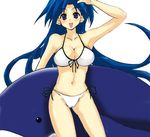 arm_up bikini blue_hair breasts cleavage kobunshi large_breasts long_hair lowres original side-tie_bikini simple_background solo swimsuit very_long_hair white_background white_bikini 