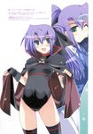  :d ;) aqua_eyes arm_up ass_visible_through_thighs black_cape black_gloves black_legwear black_leotard blue_neckwear blush breasts buckle cameltoe cape cape_lift closed_mouth collar cosplay cowboy_shot fate_testarossa fate_testarossa_(cosplay) fingerless_gloves ginga_nakajima gloves groin highres ibuki_pon legs_apart leotard lifted_by_self long_hair looking_at_viewer lyrical_nanoha mahou_shoujo_lyrical_nanoha_strikers necktie nose_blush one_eye_closed open_mouth ponytail purple_hair salute scan simple_background small_breasts smile standing thighhighs thighs translation_request uniform white_background white_gloves 