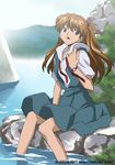 :o bangs blue_eyes breasts brown_hair collared_shirt day from_side hair_ornament hand_on_own_chest light_rays long_hair looking_at_viewer lowres midori_(searchlight) moss mountain nature neck_ribbon neon_genesis_evangelion open_mouth outdoors pleated_skirt ribbon rock school_uniform shirt short_sleeves sitting skirt sky small_breasts soaking_feet solo souryuu_asuka_langley sunbeam sunlight suspender_skirt suspenders two_side_up untied watch water watermark web_address wristwatch 