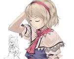  alice_margatroid arm_up blonde_hair capelet frilled_sleeves frills hairband hand_in_hair puffy_short_sleeves puffy_sleeves shanghai_doll short_hair short_sleeves simple_background sketch solo sun-3 touhou upper_body white_background white_capelet 