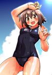  black_school_swimsuit blush fang itokatsu kusakabe_misao lucky_star name_tag one-piece_swimsuit school_swimsuit solo sweat swimsuit 