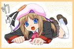  blue_eyes bow buttons fang hat large_buttons little_busters! long_hair noumi_kudryavka pink_bow plaid plaid_skirt school_uniform shichimenchou skirt solo thighhighs 
