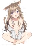  2019 animal_humanoid bandage blush breasts brown_hair cat_humanoid clothed clothing fangs feline feline_humanoid female hair humanoid mafuyu mammal navel off_shoulder open_mouth partially_clothed pasties purple_eyes shirt simple_background sitting small_breasts solo white_background 