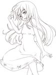  blush clenched_hand dress from_behind greyscale grin highres lineart long_hair looking_back monochrome original smile solo st+1 