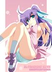  ahoge apron blush breasts green_eyes green_panties hair_ribbon ibuki_pon large_breasts long_hair lyrical_nanoha mahou_shoujo_lyrical_nanoha_strikers mature panties pantyshot purple_hair quint_nakajima ribbon shoes sideboob sitting smile sneakers socks solo underwear 