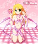  blonde_hair blush breasts hoshii_miki idolmaster idolmaster_(classic) idolmaster_1 johnny_(from_scratch) kneeling long_hair medium_breasts naked_ribbon navel ribbon smile solo 