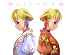  aphmau back-to-back bangs blonde_hair blue_eyes closed_mouth earrings eyebrows_visible_through_hair final_fantasy final_fantasy_xi from_side hair_ornament hair_ribbon hume jewelry long_hair looking_at_viewer multiple_girls multiple_views parted_lips profile puffy_sleeves purple_ribbon red_ribbon ribbon simple_background smile symmetrical_pose tori_(torinchi) upper_body white_background 