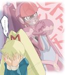  2girls big_hair blonde_hair blush facepalm long_hair lowres multiple_girls ophiuchus robot rockman ryuusei_no_rockman shirogane_luna spoken_ellipsis takano_natsuki trembling 